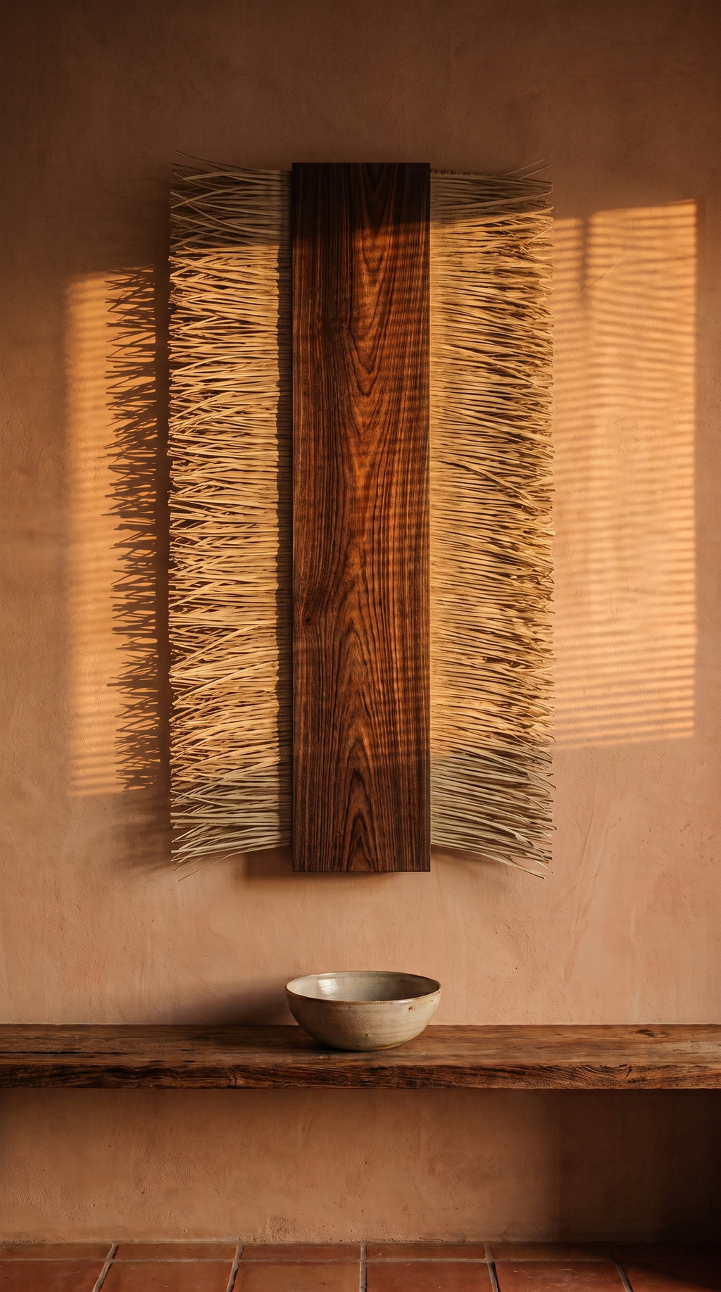 AZTLAN, decoración de muro de madera de parota y palma despeinada sobre muro terracota | Fibra Madre
