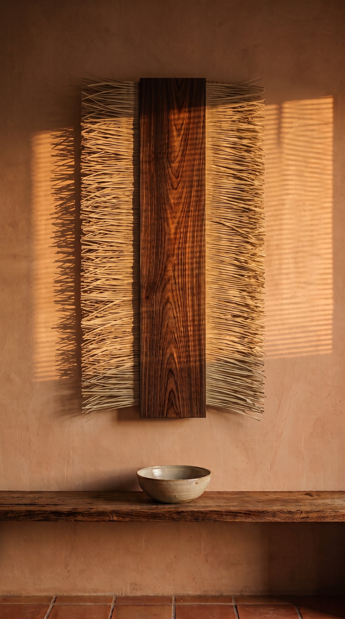 AZTLAN, decoración de muro de madera de parota y palma despeinada sobre muro terracota | Fibra Madre