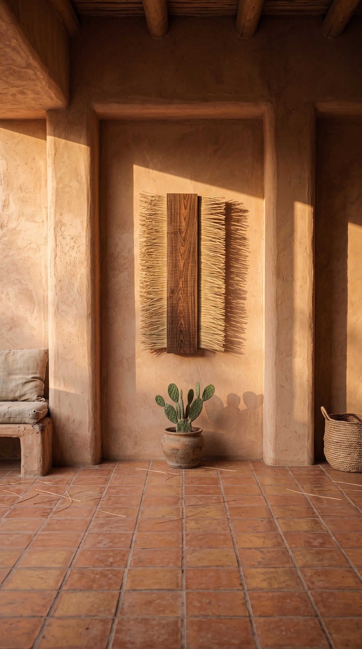 AZTLAN, decoración de muro en interior de adobe con nopal | Fibra Madre