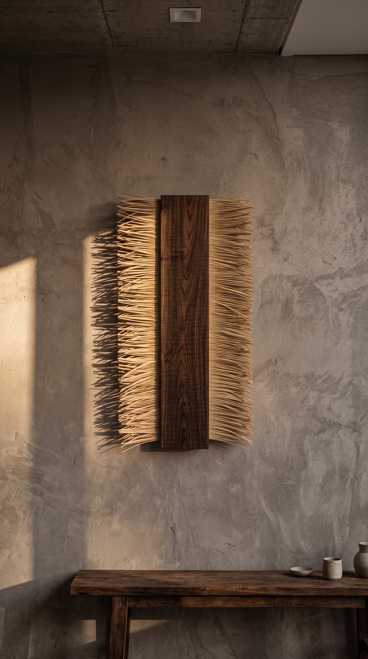 AZTLAN, decoración de muro sobre concreto gris con banca de madera | Fibra Madre