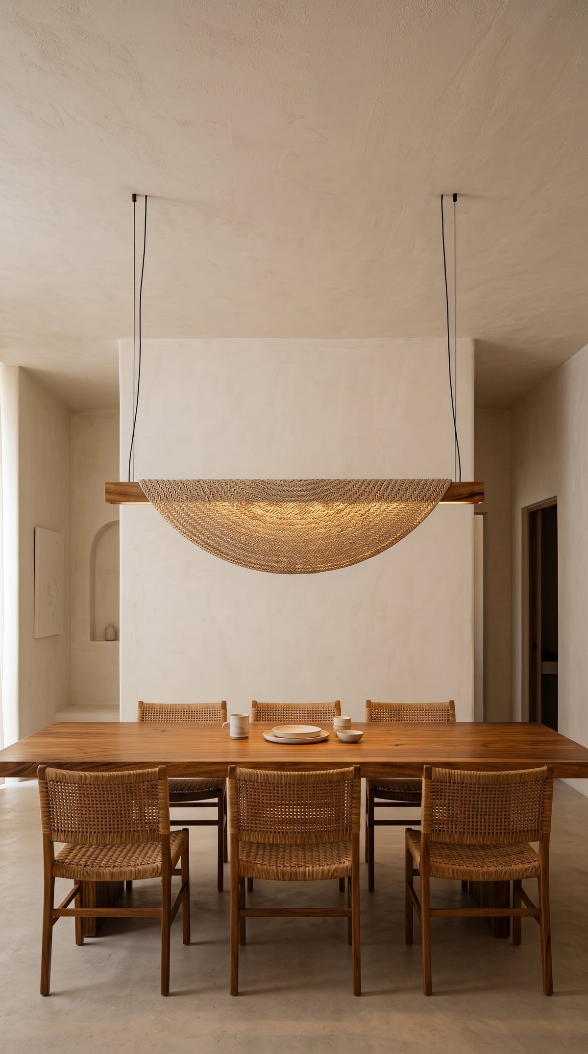 FLAMENCA, luminaria colgante de madera de parota y tule sobre mesa de comedor | Fibra Madre